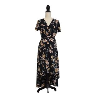 Black Floral High-Low Tie-Back Maxi Dress Size M Y2K Dark Romantic Cottagecore